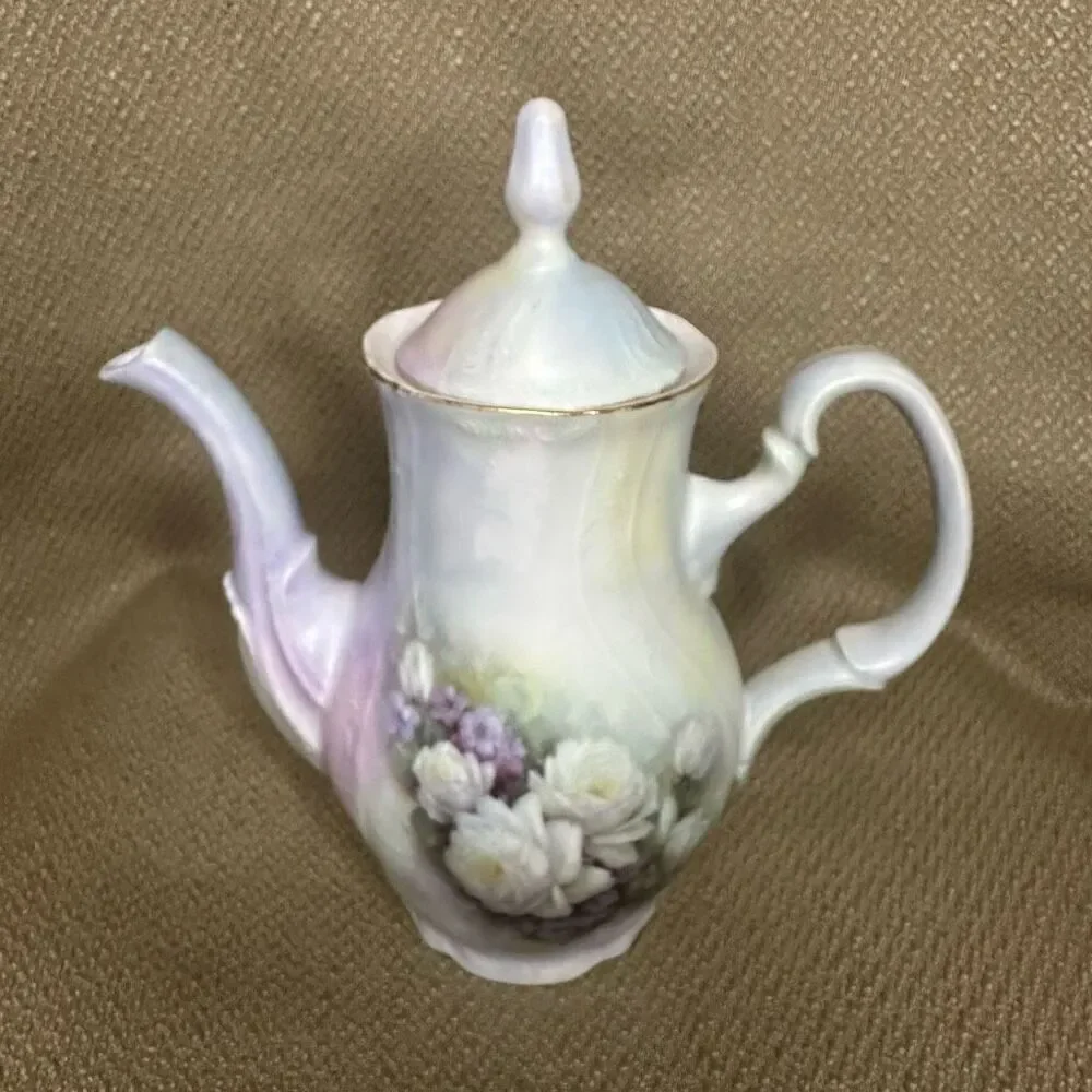 Vintage Bernadotte Porcelain Coffee Tea Pot Czech Republic Purple Roses 7.5”